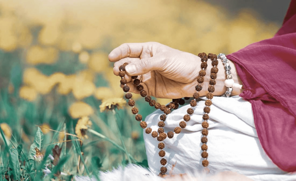 Chant a slogan and meditate with a Rudraksha Mala